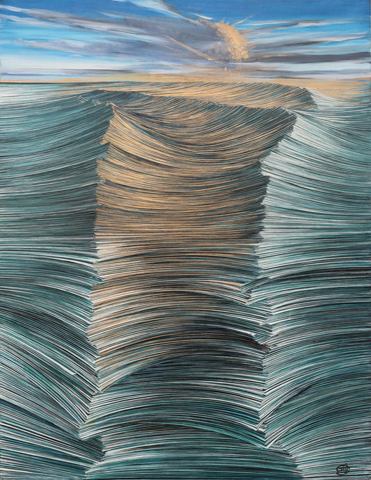 Abstract seascape painting depicting ocean waves made of layered pages of paper, rendered in sweeping linear brushstrokes with teal, gold, and copper tones. The textured waves flow toward a glowing horizon where a sunburst breaks through a moody sky. The composition evokes both the movement of water and the passage of time, blending literary symbolism with natural elements.
