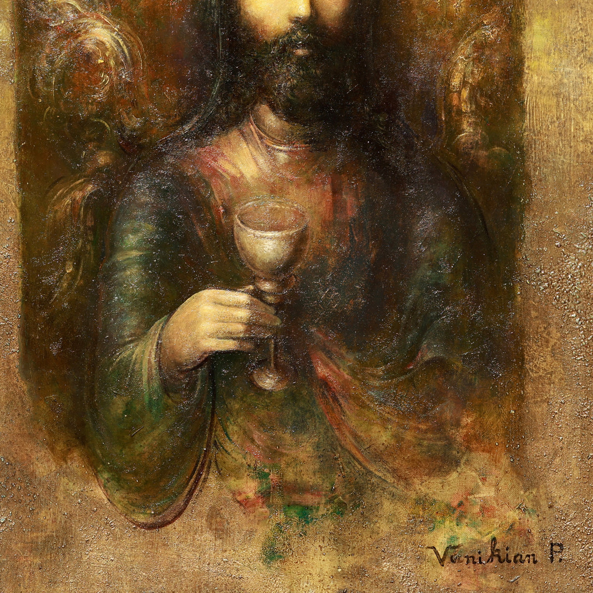 A detail shot of a painting of a bearded male holding a chalice looking towards the viewer. A halo floats at the top of his head displaying a holy demeanor.