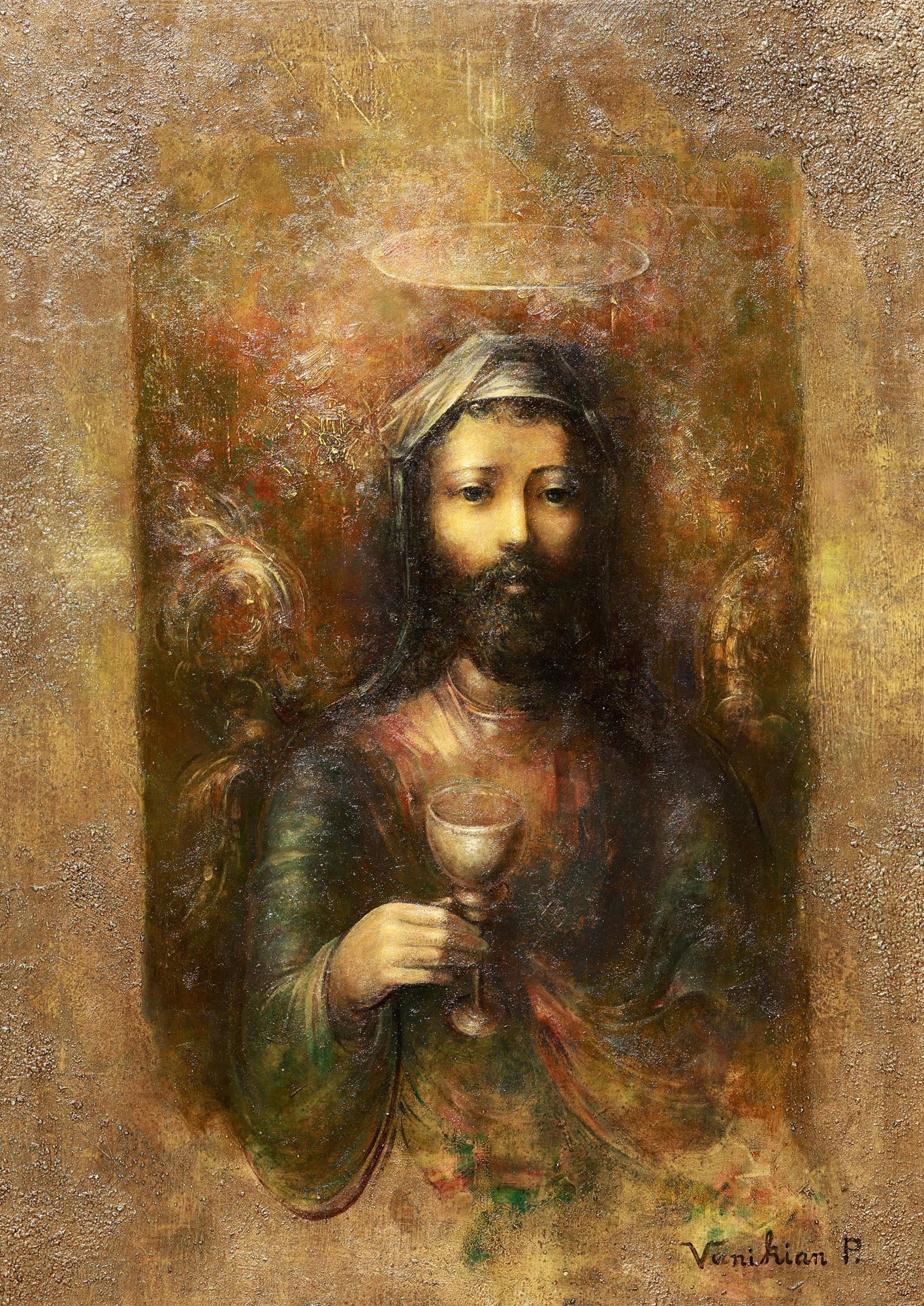 A painting of a bearded male holding a chalice looking towards the viewer. A halo floats at the top of his head displaying a holy demeanor.