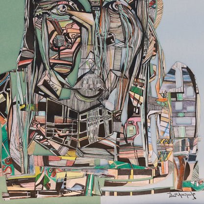 A detail shot of an abstract artwork with geometric shapes and patterns on a green background