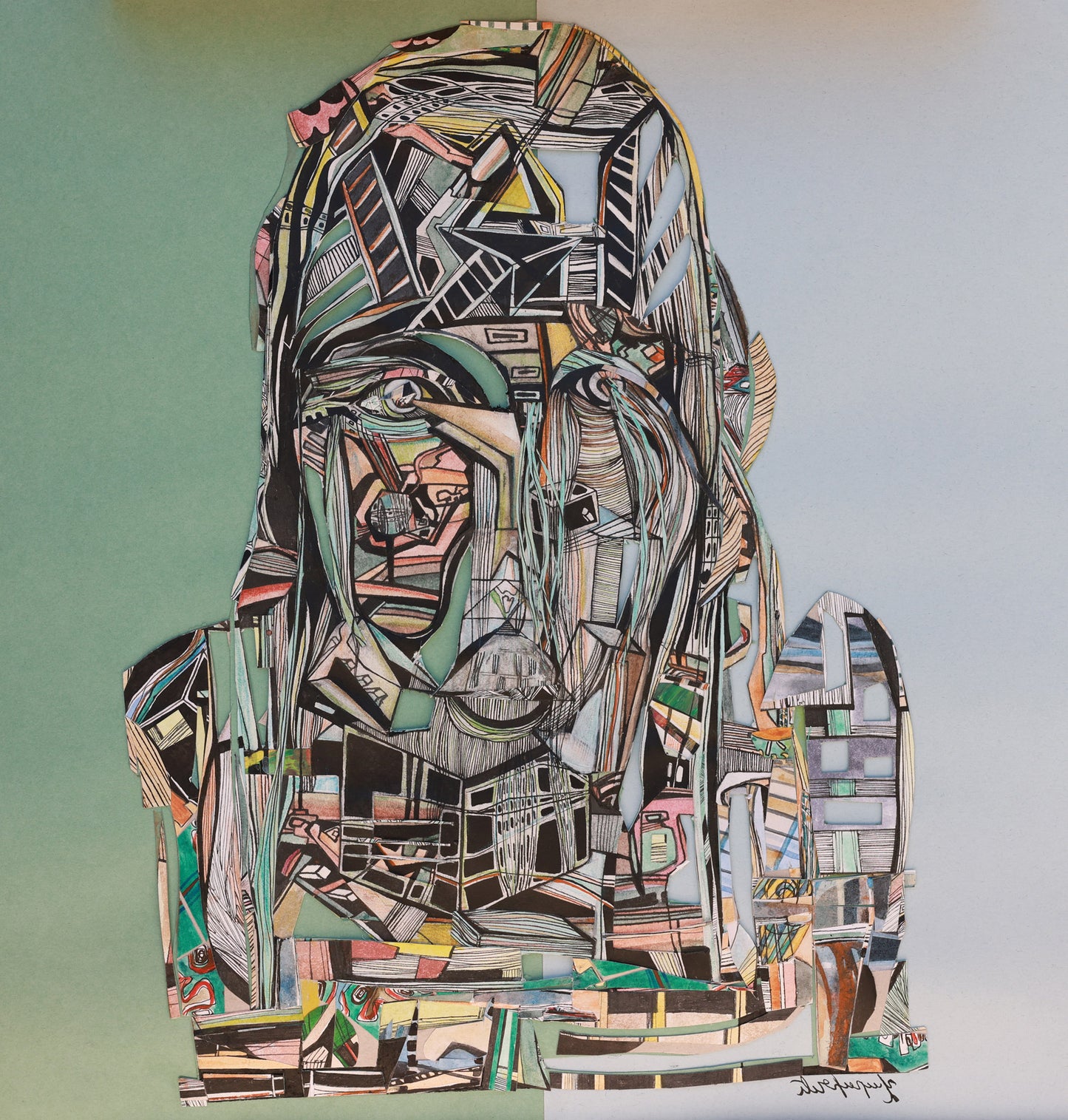 Abstract art piece of a person with geometric shapes and patterns on a light green background
