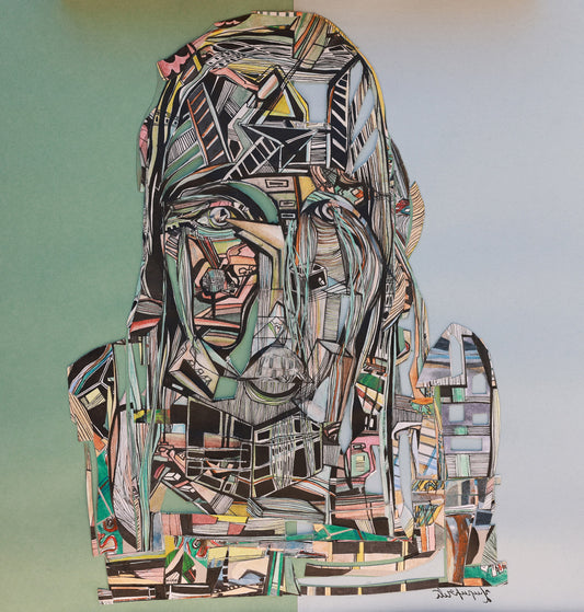 Abstract art piece of a person with geometric shapes and patterns on a light green background