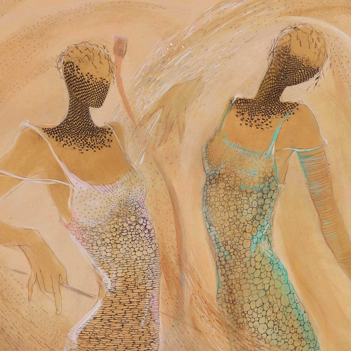 A detail shot of an artistic depiction of two figures with textured skin on a beige background
