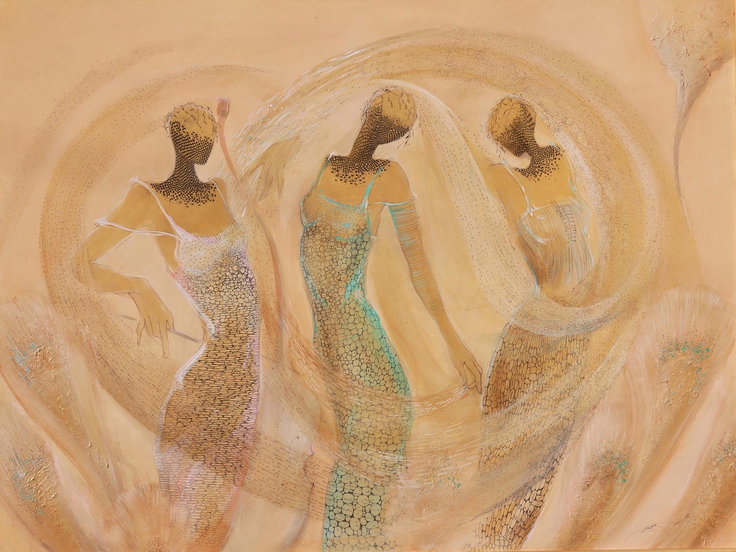 Artistic depiction of three figures in flowing garments on a beige background