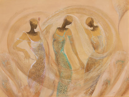 Artistic depiction of three figures in flowing garments on a beige background