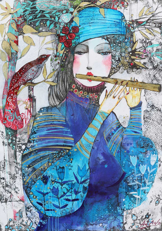Artistic depiction of a woman playing a flute with floral and bird elements.