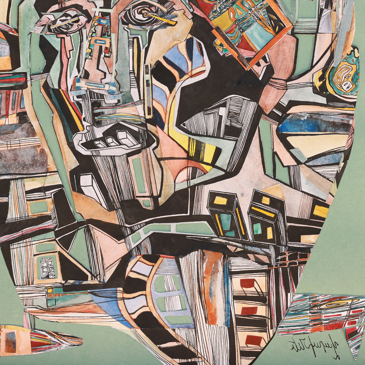 A detail shot of an abstract artwork with geometric shapes and bold colors on a green background