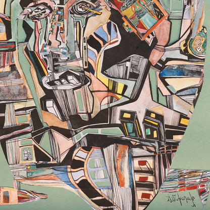 A detail shot of an abstract artwork with geometric shapes and bold colors on a green background