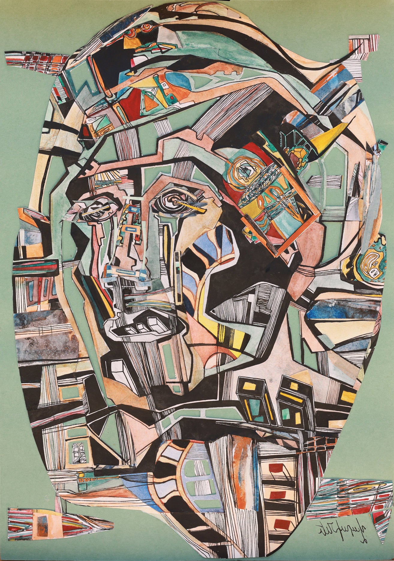 Abstract artwork with geometric shapes and patterns on a green background