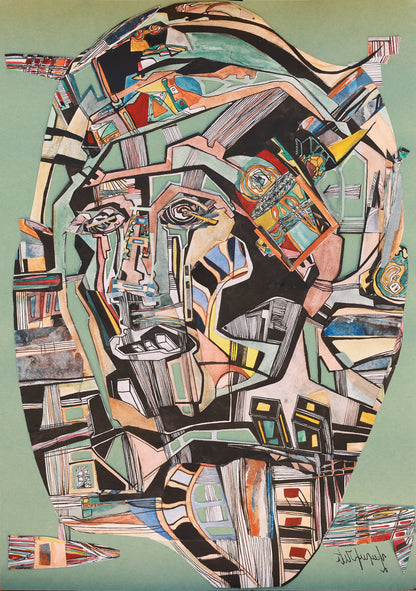 Abstract artwork with geometric shapes and patterns on a green background