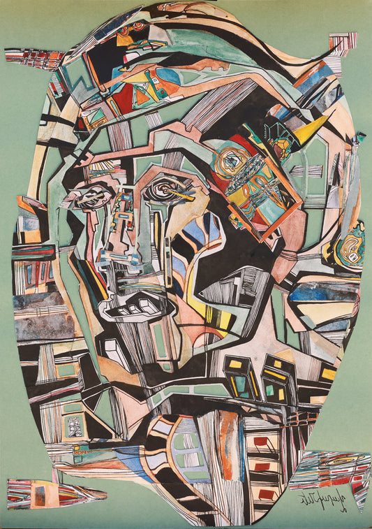 Abstract artwork with geometric shapes and patterns on a green background