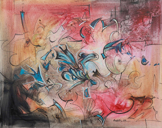 Abstract artwork with colorful shapes and patterns