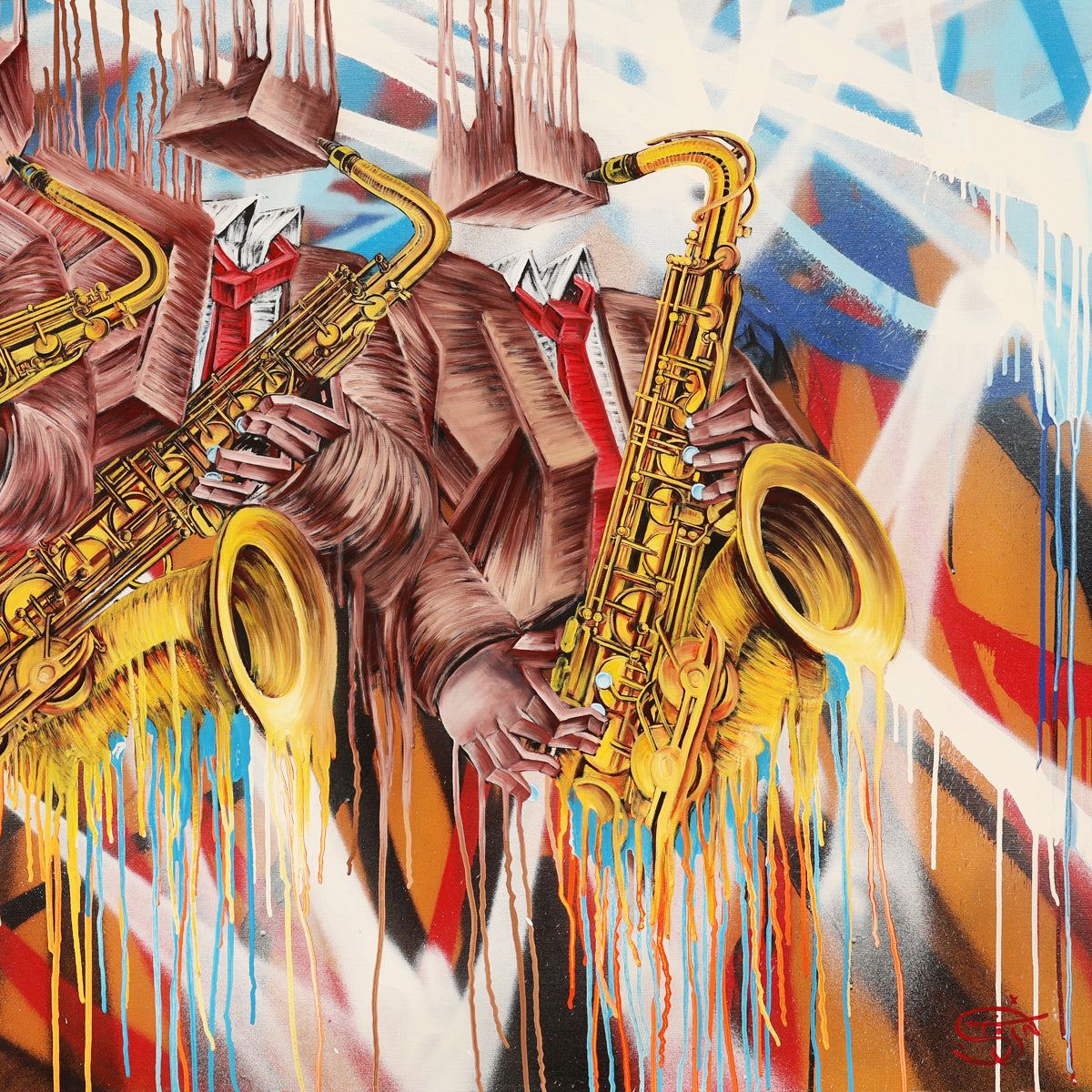 A detail shot of an expressive jazz painting featuring five abstract saxophone players in suits with box-shaped heads, set against a vivid graffiti-style background of blues, reds, and whites. The golden saxophones drip with dynamic paint, emphasizing rhythm and movement, while distorted hands and fragmented forms evoke the improvisational chaos of live jazz. The surreal composition blends street art energy with cubist influences, capturing the spirit of urban music culture.