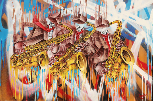 Expressive jazz painting featuring five abstract saxophone players in suits with box-shaped heads, set against a vivid graffiti-style background of blues, reds, and whites. The golden saxophones drip with dynamic paint, emphasizing rhythm and movement, while distorted hands and fragmented forms evoke the improvisational chaos of live jazz. The surreal composition blends street art energy with cubist influences, capturing the spirit of urban music culture.