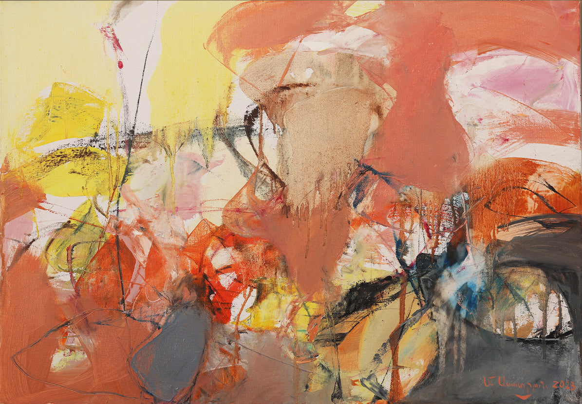 An abstract oil painting on canvas with bold colors and dynamic textures.