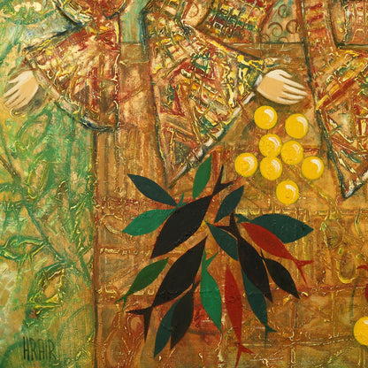 A detail shot of an abstract artwork with a figure holding fruit, featuring vibrant colors and textural elements.