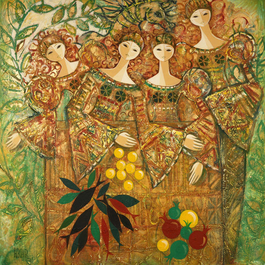 Artistic depiction of four figures in ornate clothing with fruits and leaves.