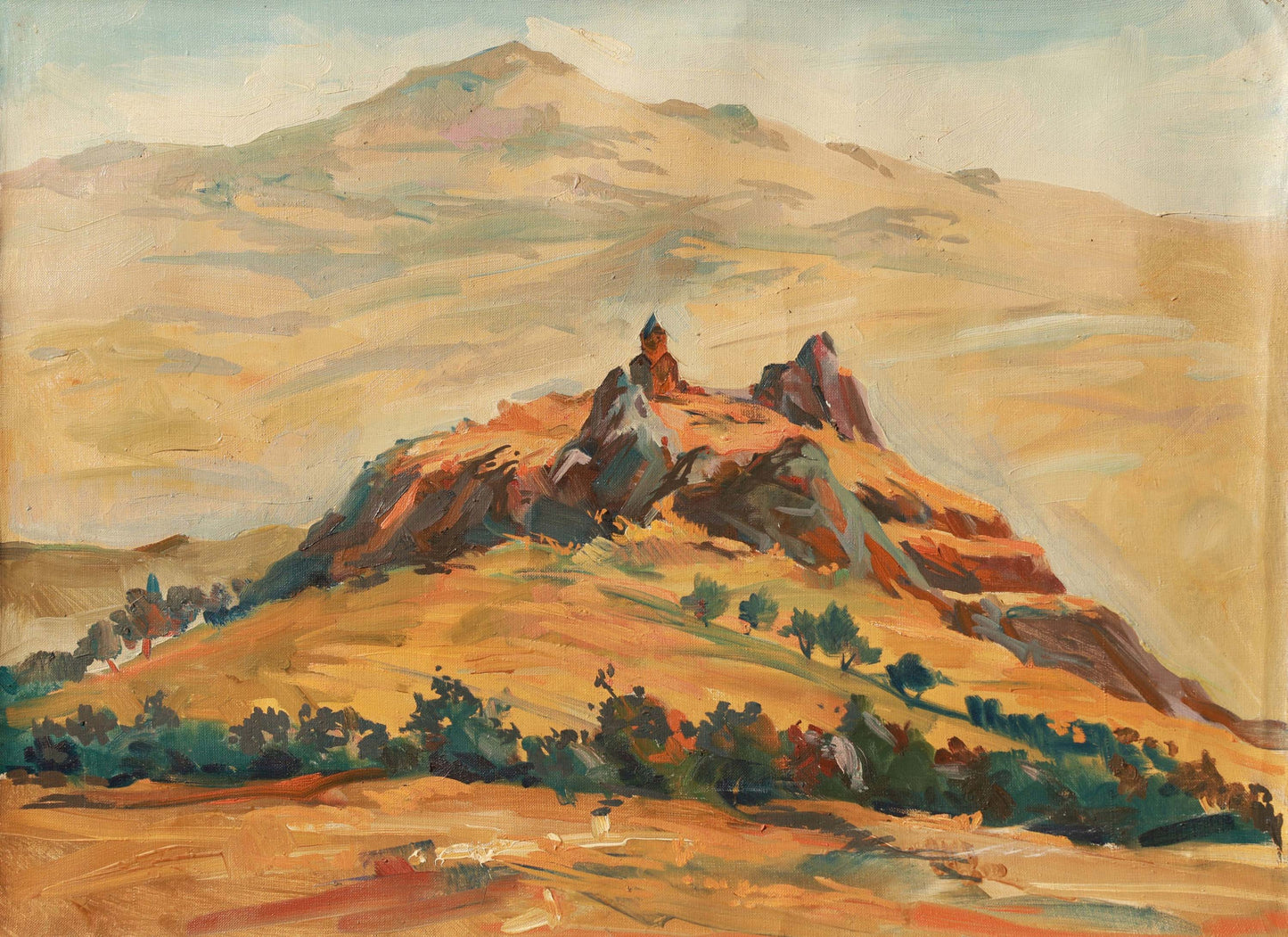 Painting of a mountainous landscape with a castle on a hill