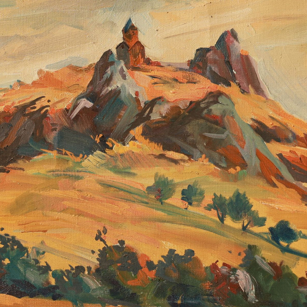 Painting of a desert landscape with mountains and sparse vegetation.