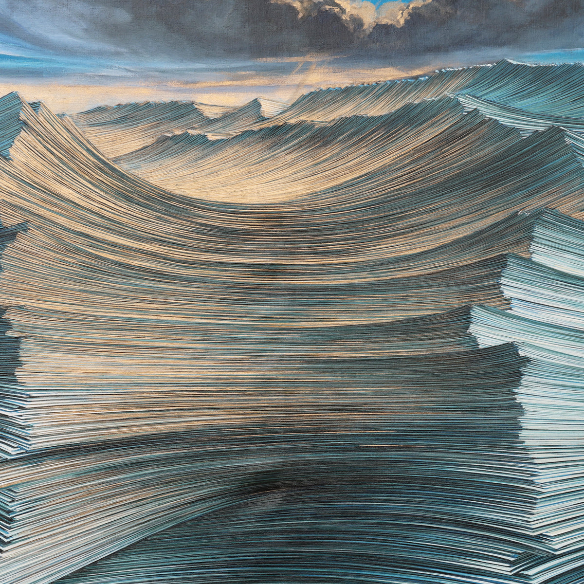 A detail shot of a contemporary abstract painting of an ocean made from layered stacks of paper, forming wave-like shapes that rise and fall with dynamic energy. The textured pages ripple in teal, blue, and soft gold tones beneath a dramatic sky with dark clouds and streaks of sunlight. The artwork explores themes of knowledge, memory, and nature through a surreal, literary lens.