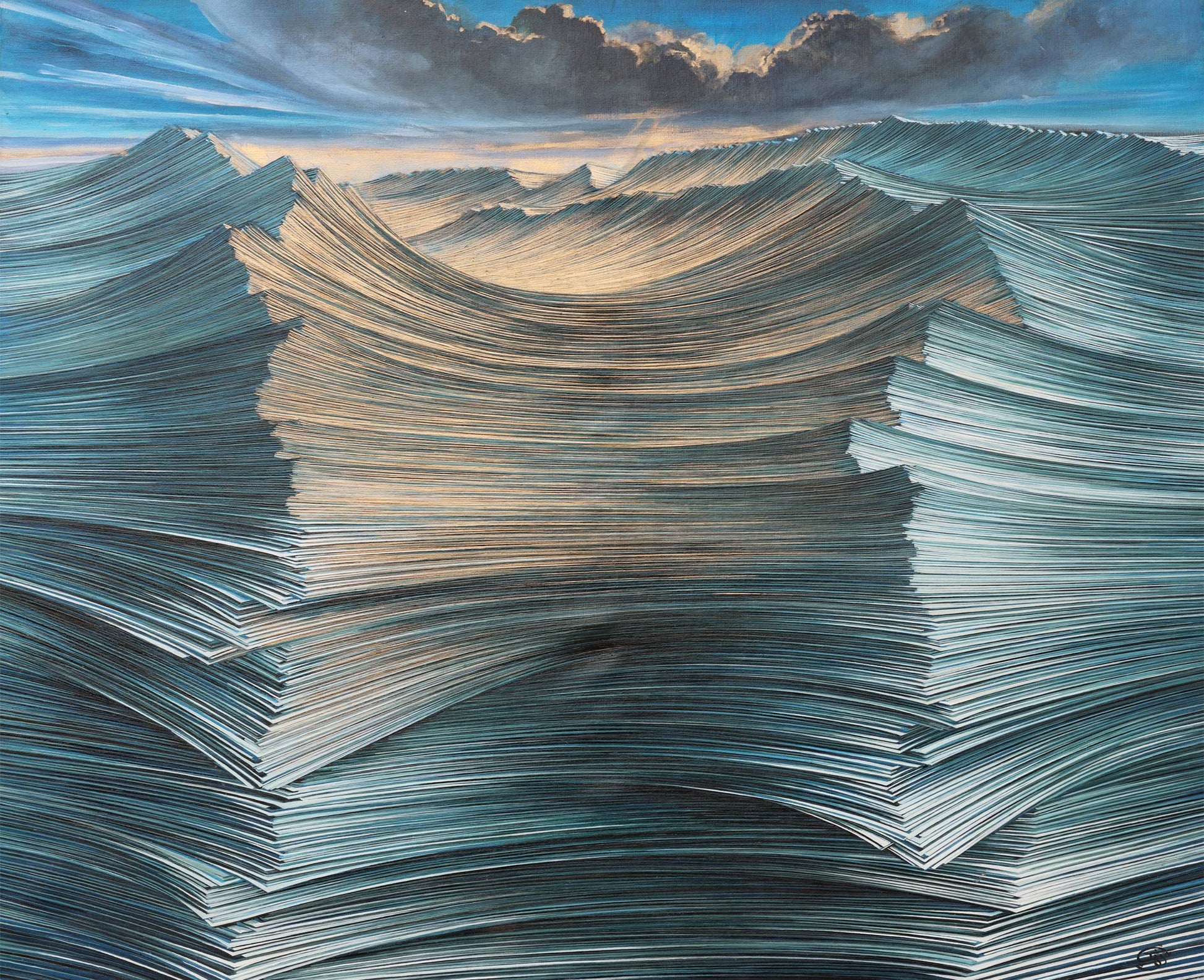 Contemporary abstract painting of an ocean made from layered stacks of paper, forming wave-like shapes that rise and fall with dynamic energy. The textured pages ripple in teal, blue, and soft gold tones beneath a dramatic sky with dark clouds and streaks of sunlight. The artwork explores themes of knowledge, memory, and nature through a surreal, literary lens.