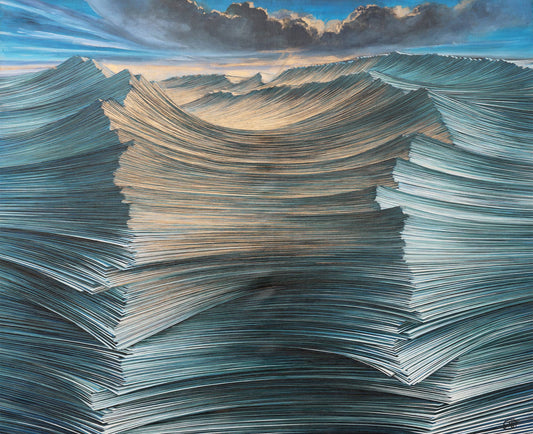 Contemporary abstract painting of an ocean made from layered stacks of paper, forming wave-like shapes that rise and fall with dynamic energy. The textured pages ripple in teal, blue, and soft gold tones beneath a dramatic sky with dark clouds and streaks of sunlight. The artwork explores themes of knowledge, memory, and nature through a surreal, literary lens.