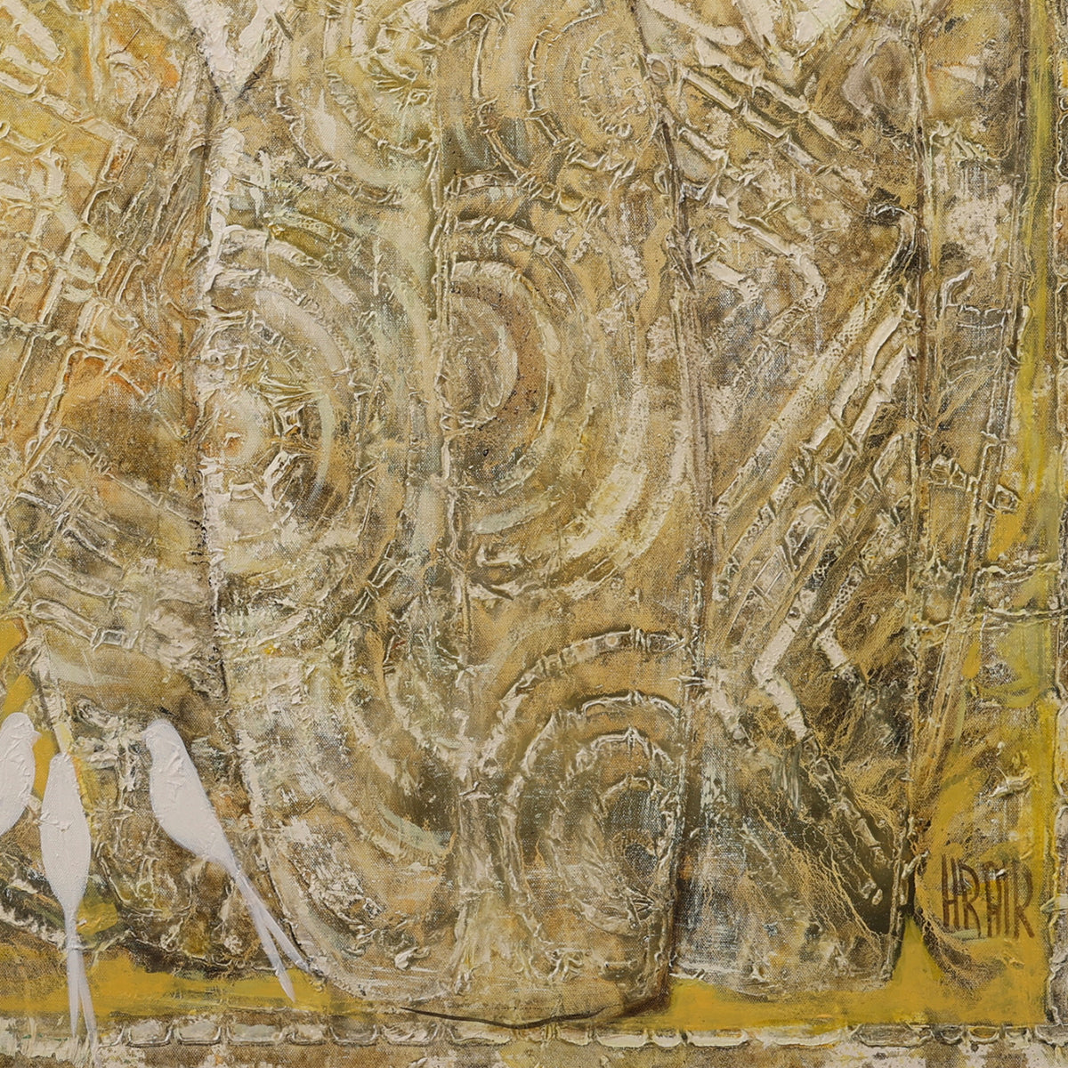 A detail shot of a textured oil painting by Hrair Diarbekirian titled 'Yellow Dust,' featuring five stylized women in ornate golden gowns with elongated necks, surrounded by symbolic figures including a horse, birds, and floral motifs. The composition blends Byzantine and Armenian artistic influences with abstract, dreamlike elements and intricate patterns in warm yellow and ochre tones.
