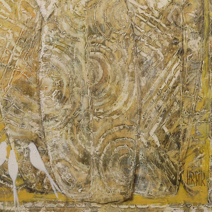 A detail shot of a textured oil painting by Hrair Diarbekirian titled 'Yellow Dust,' featuring five stylized women in ornate golden gowns with elongated necks, surrounded by symbolic figures including a horse, birds, and floral motifs. The composition blends Byzantine and Armenian artistic influences with abstract, dreamlike elements and intricate patterns in warm yellow and ochre tones.
