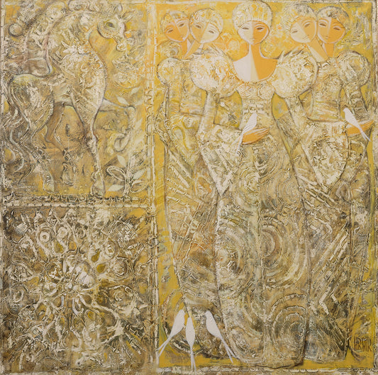 A textured oil painting by Hrair Diarbekirian titled 'Yellow Dust,' featuring five stylized women in ornate golden gowns with elongated necks, surrounded by symbolic figures including a horse, birds, and floral motifs. The composition blends Byzantine and Armenian artistic influences with abstract, dreamlike elements and intricate patterns in warm yellow and ochre tones.